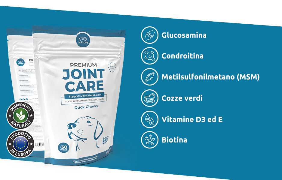 A sinistra la confezione Premium Joint Care di Anicare, a destra gli ingredienti elencati: Glucosamina, condroitina, MSM, cozza verde, vitamina D3 ed E, biotina.
