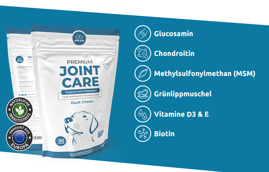 Links Packung Premium Joint Care von Anicare, auf der rechten Seite die Inhaltsstoffe aufgelistet: Glucosamin, Chondroitin, MSM, Grünlippmuschel, Vitamin D3 & E, Biotin