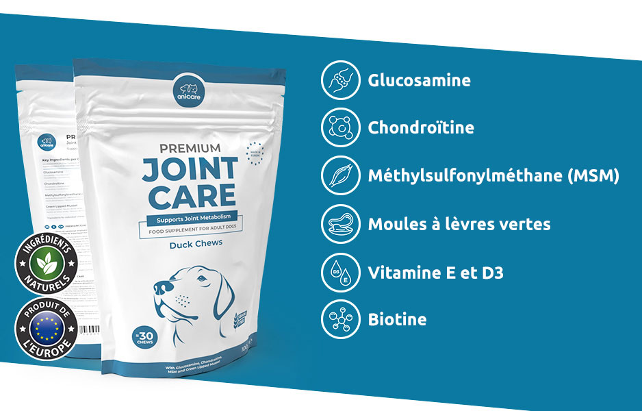 Sur la gauche, le paquet Premium Joint Care d'Anicare, sur la droite, la liste des ingrédients : Glucosamine, chondroïtine, MSM, moule à lèvres vertes, vitamines D3 et E, biotine